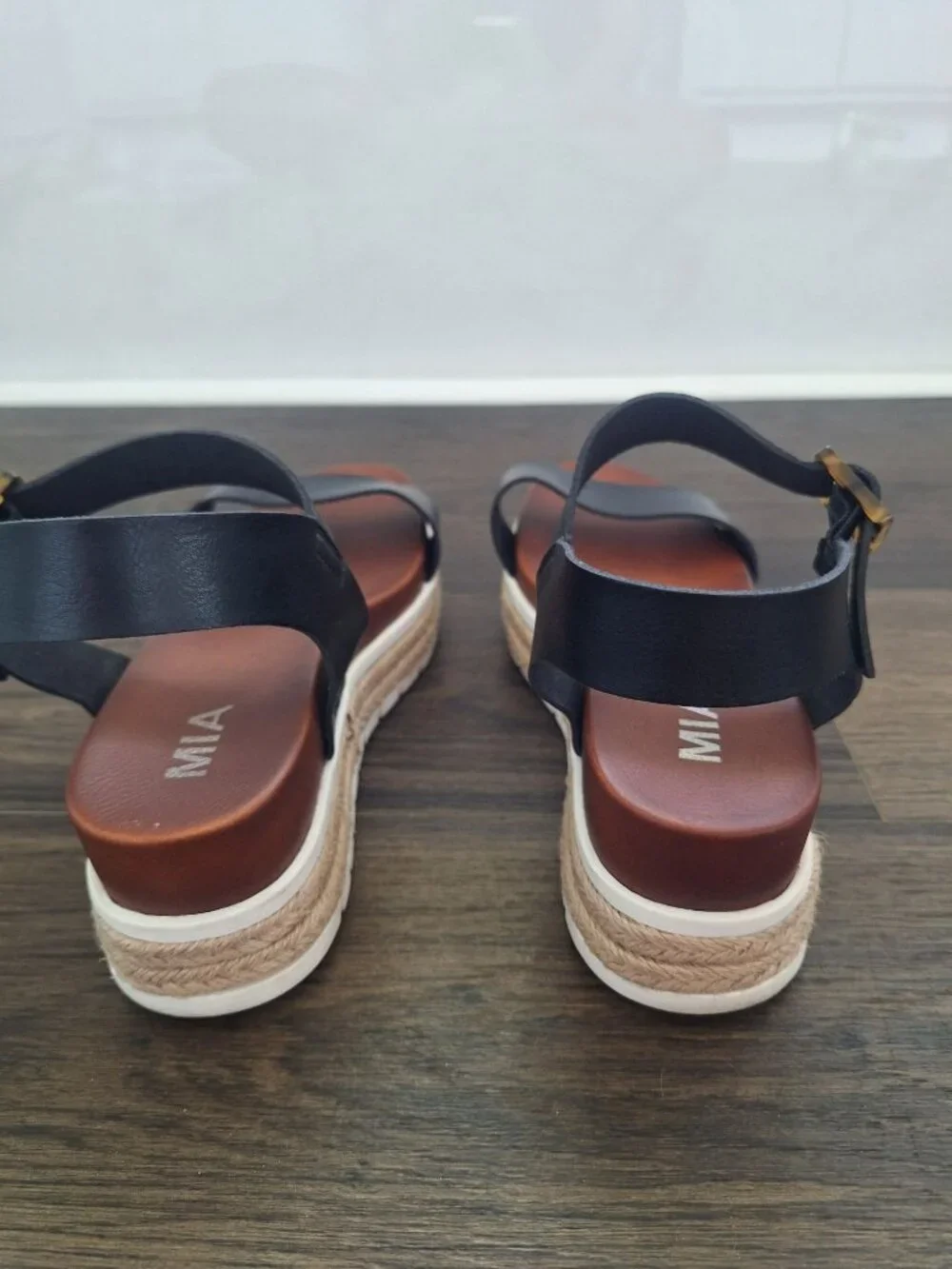 💙 MIA Black Espadrille Platform Size 9 Sandals Ankle Strap Boho Wedge Comfy